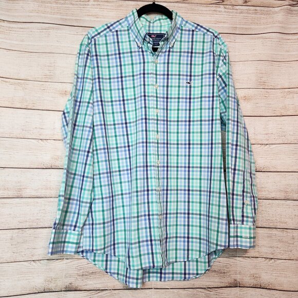 Vineyard Vines Whale Button Shirt Men's Large Plaid Green Navy Cotton Size M - Picture 1 of 13